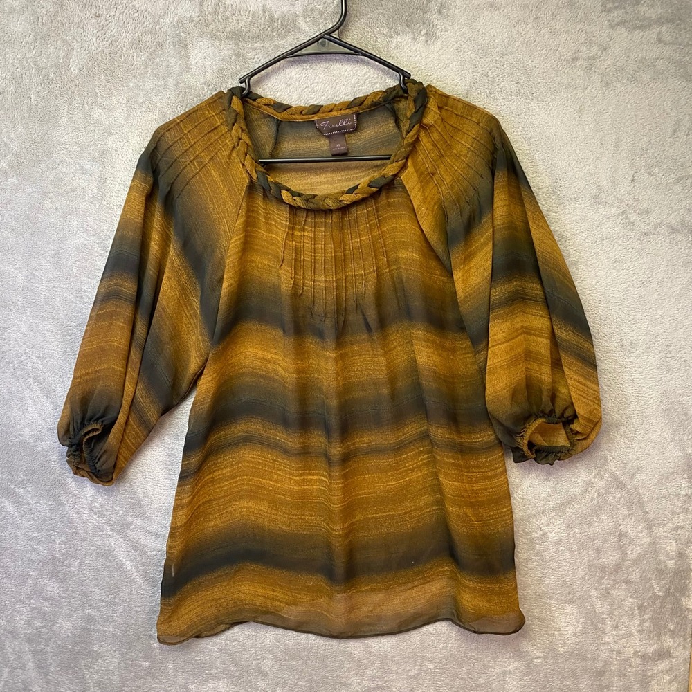 Trulli Blouse Women XS Braided Neck Pleated Ombre Brown EUC